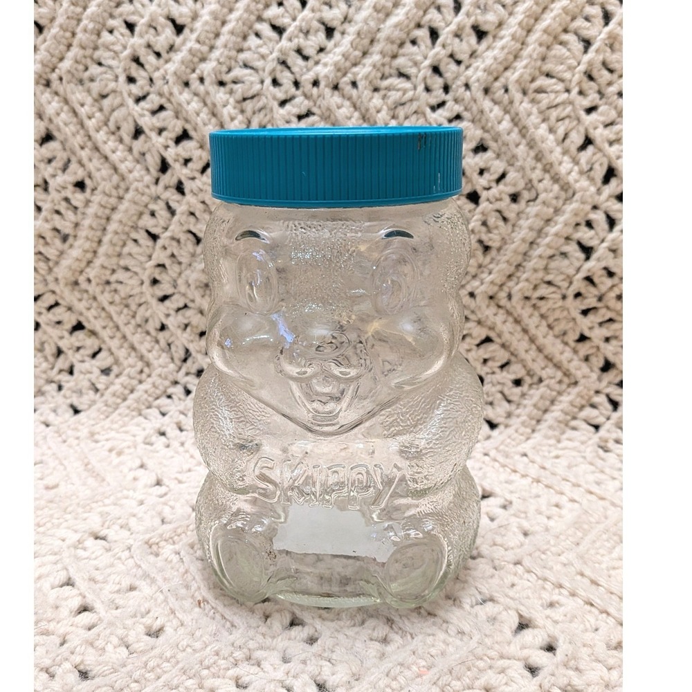 Vintage 1990 Skippy Peanut Butter 100th Birthday Glass Bear Jar Coin Bank Blue